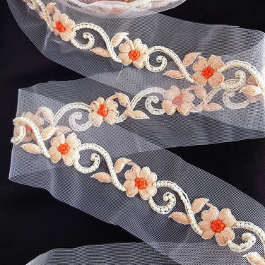 Beige Net Trim With Floral Embroidery, Pearl Beads Trim, Beaded Trim